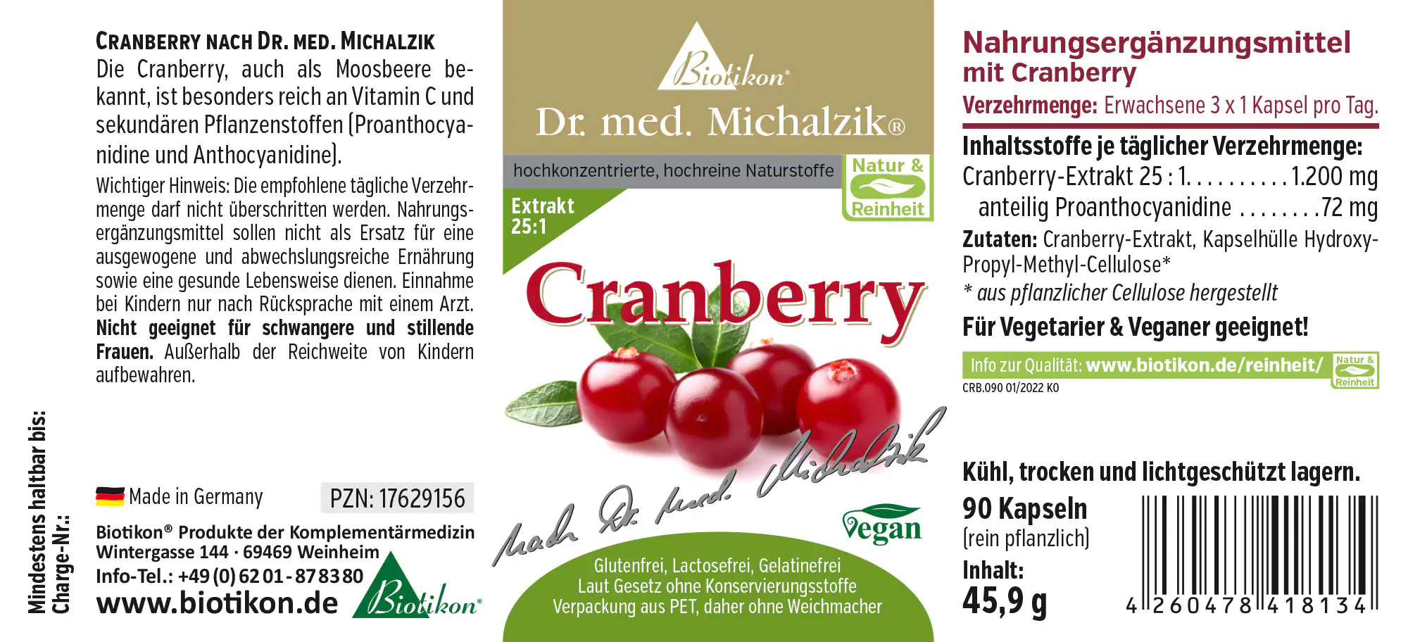 Cranberry Extract 1200 mg – Capsules Cranberry dietary supplement, 90 vegan capsules, green packaging, product description in English.