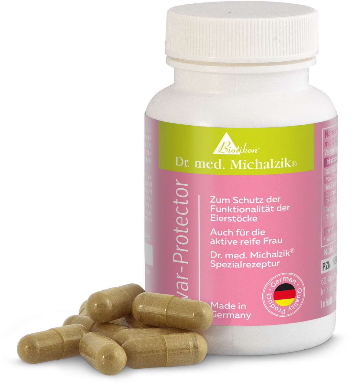 Eivar Protector – 60 Capsules Eivar Protector in a pink bottle, 60 capsules, made in Germany, on a white background.