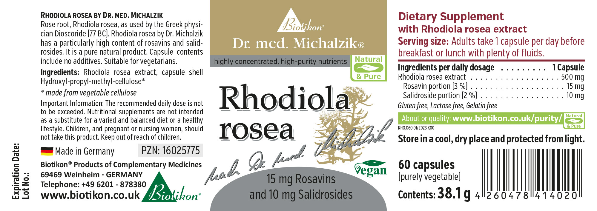 Rhodiola Rosea 500 mg - Capsules 60 capsules of Rhodiola Rosea extract, 500 mg per capsule, vegan, packaged in white.