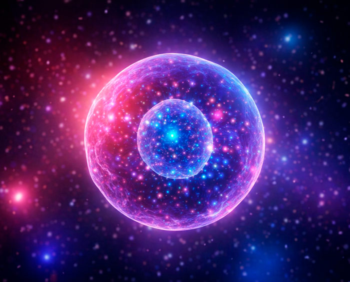 Luminous, spherical cell with a bright core, surrounded by shimmering colors in a cosmic background. Luminous, spherical cell with a bright core, surrounded by shimmering colors in a cosmic background.
