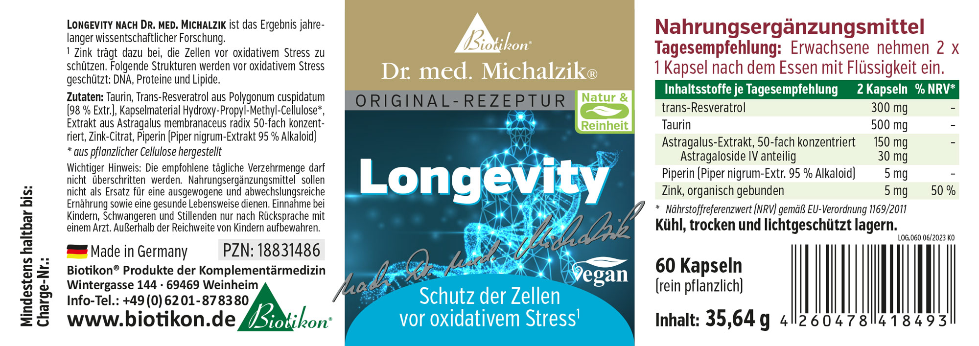 Longevity Capsules 60 pcs - Dietary Supplement 60 capsules of longevity dietary supplement in a sturdy package, vegan, colorful design.