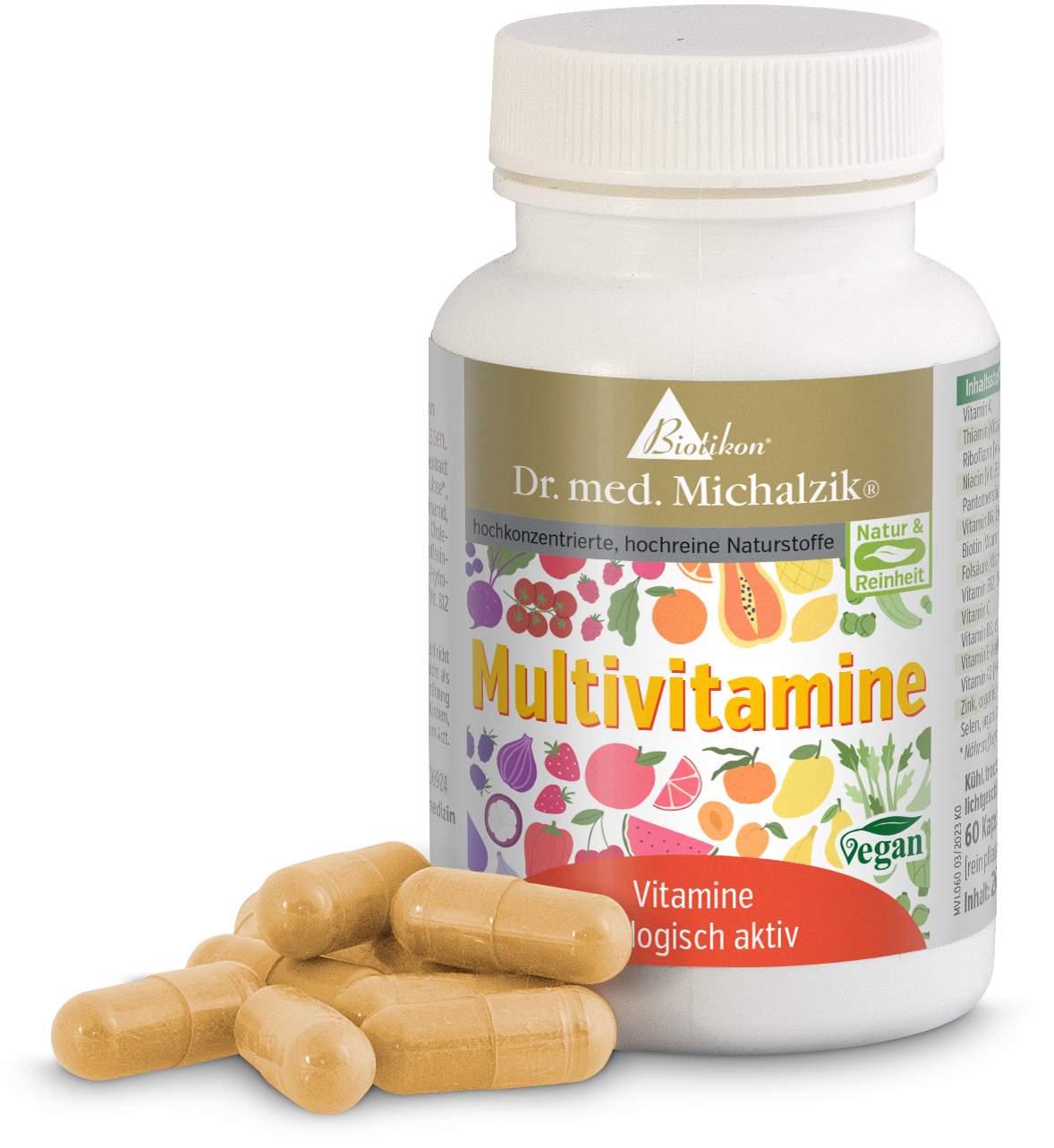 Multivitamin Capsules – 90 Count White bottle with multivitamins, 90 vegan capsules in light yellow, side view.