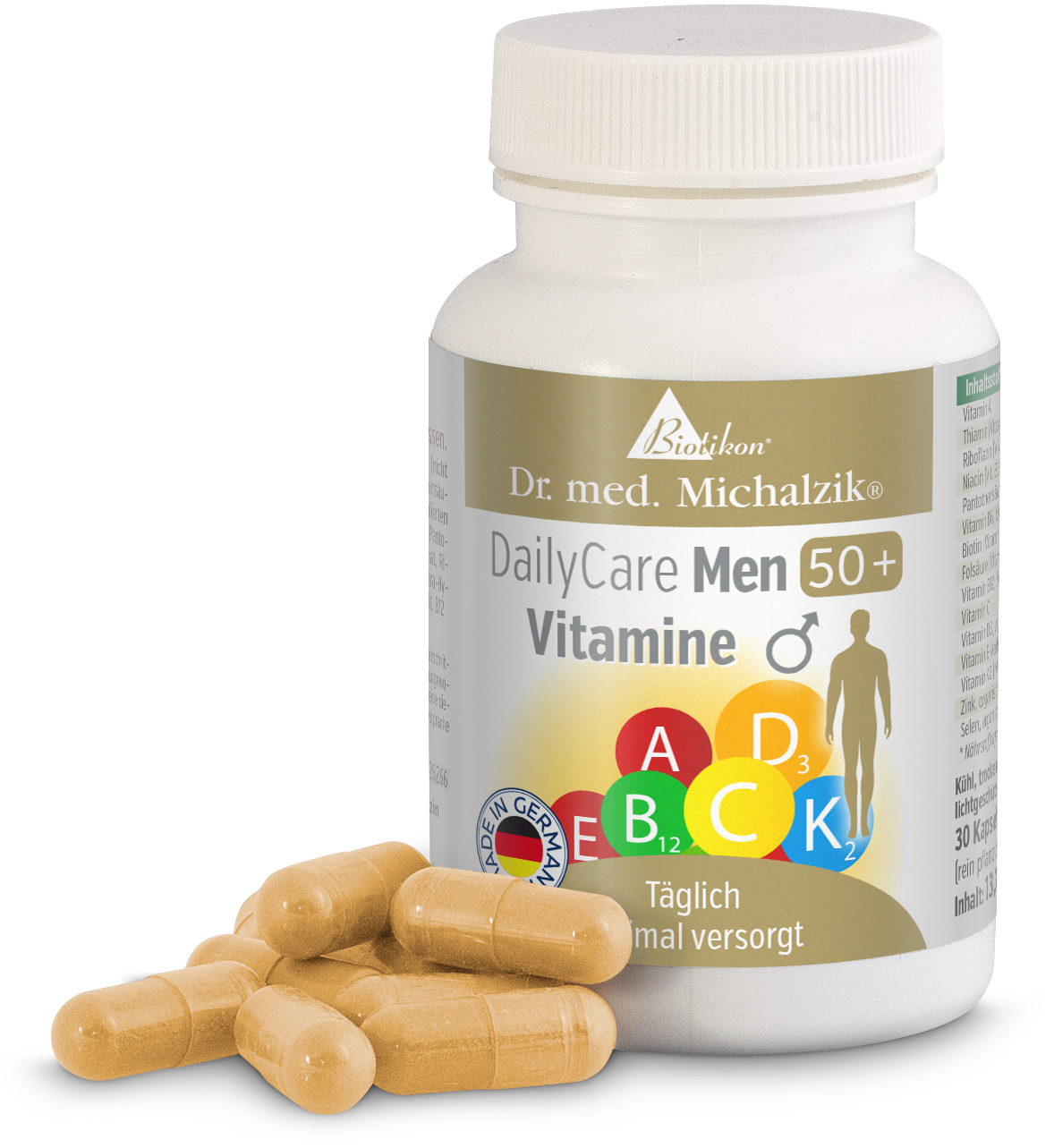 Multivitamins 30 Capsules – DailyCare Men 50+ Bottle with 30 capsules, beige capsules in front of the packaging, three-quarter view.