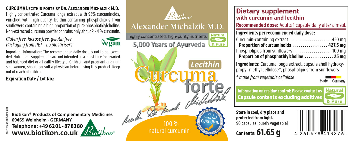 Curcuma Lecithin Forte 450 mg – Capsules Dietary supplement capsules with Curcuma and Lecithin, 90 pieces in PET packaging, yellow-green color.
