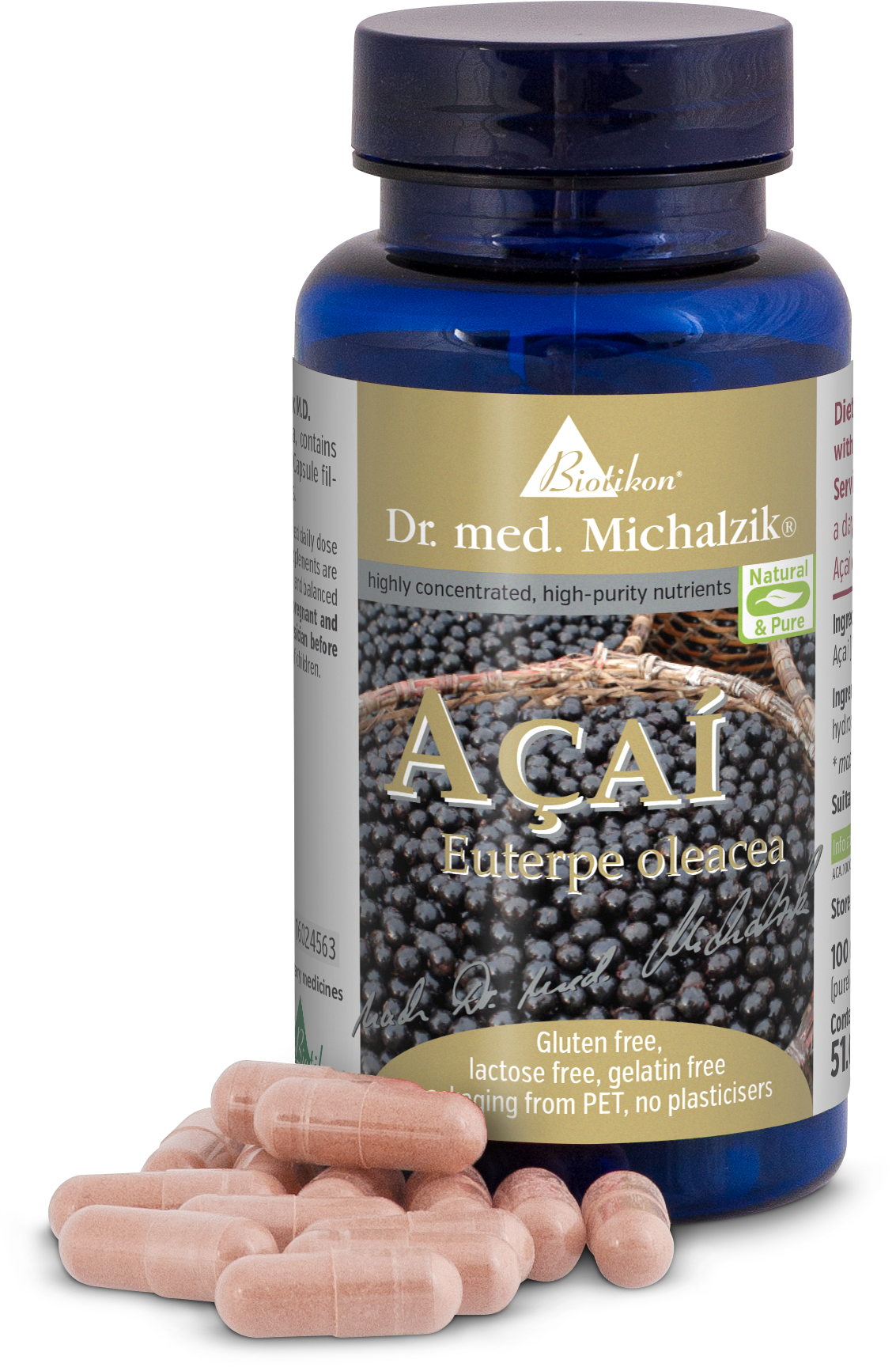 Acai 1000 mg – Capsules Acai capsules in a blue bottle, 510 pieces, pink capsule shape, side view.