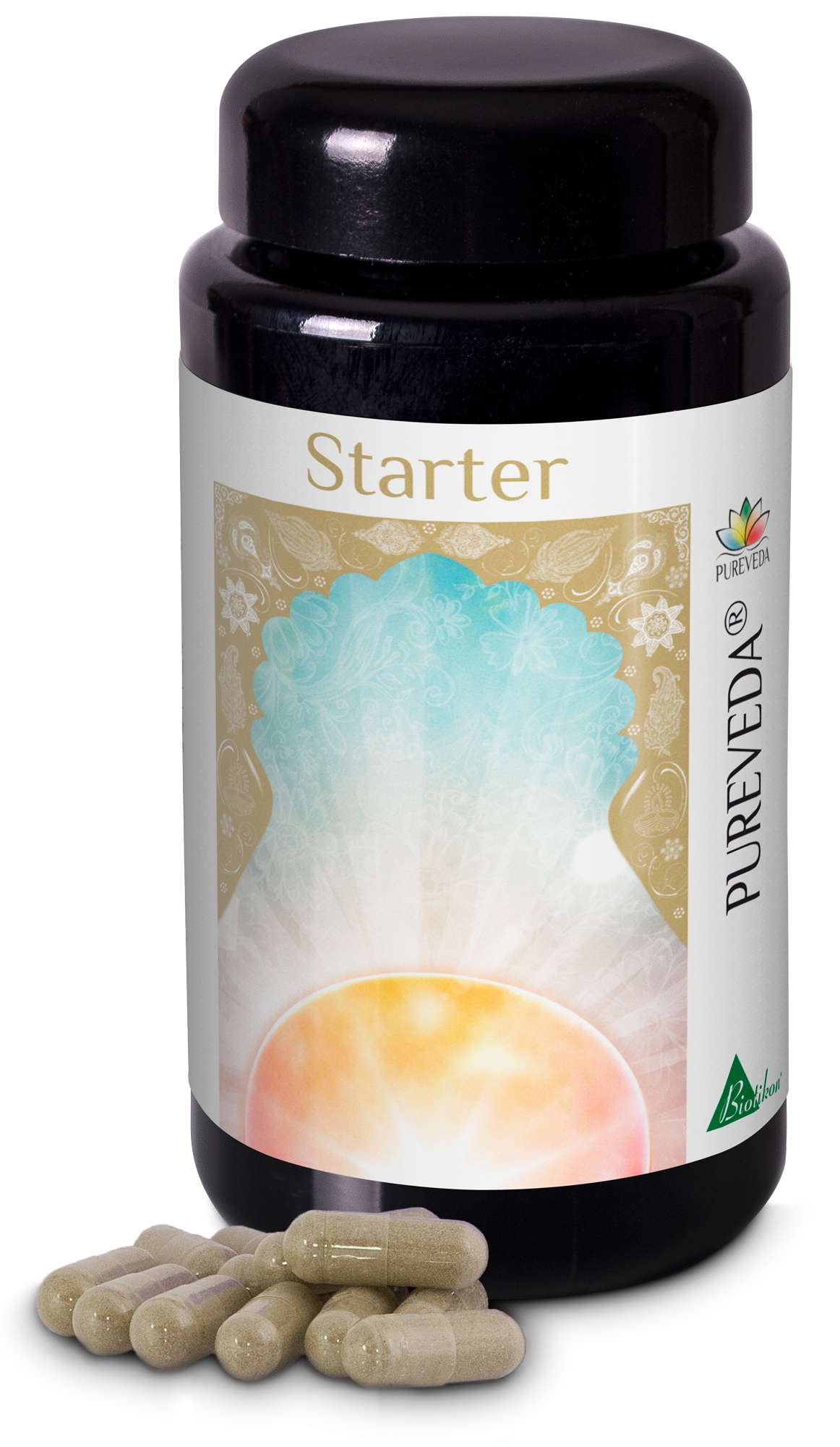 Starter – Capsules Black bottle with capsules, beige and gold packaging, 60 capsules, perspective view.