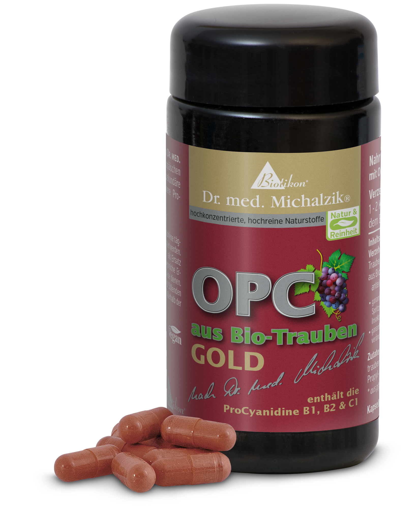 GOLD OPC from Organic Grapes – 60 Capsules Container with OPC capsules from organic grapes, featuring 60 red capsules in side view.