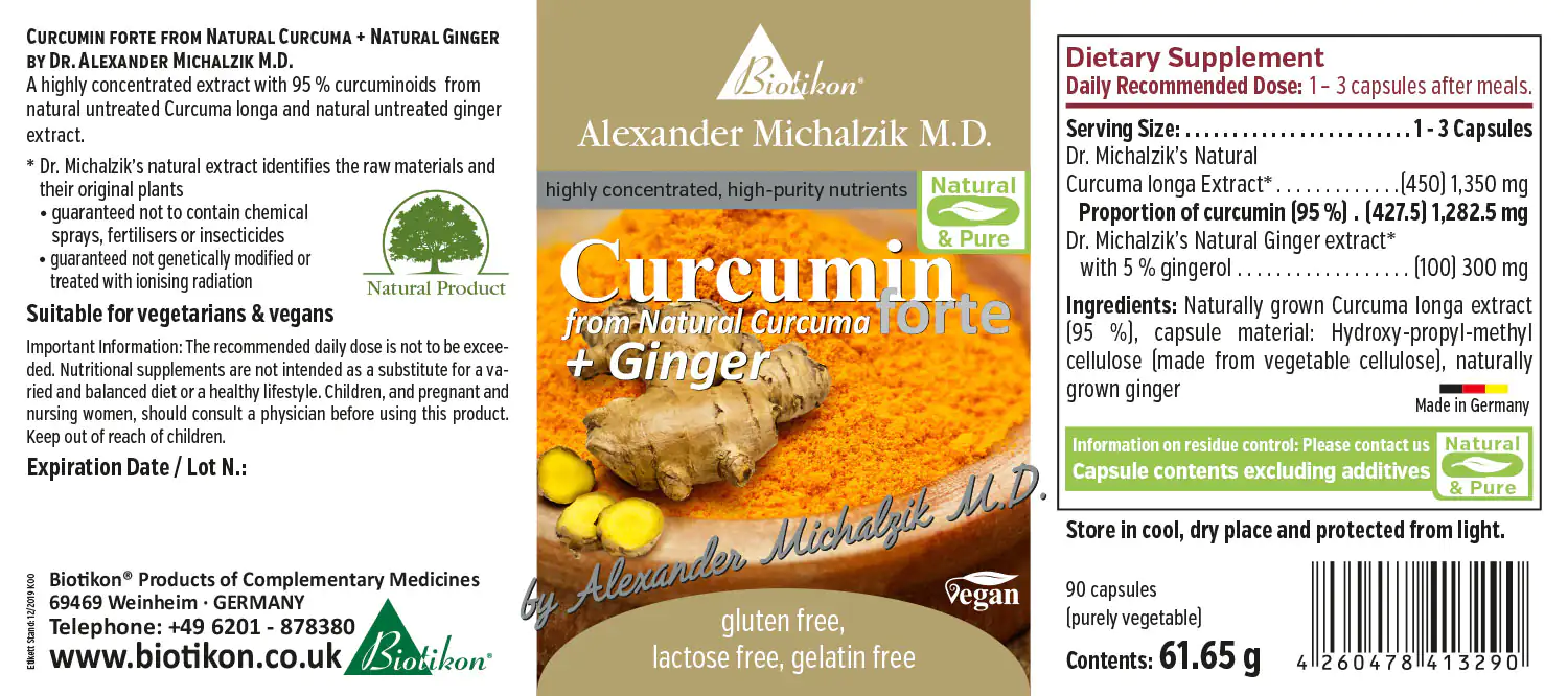 Curcumin Forte – 90 Capsules Vegetarian capsules with curcumin from natural turmeric and ginger, 90 pieces, yellow color, front view.