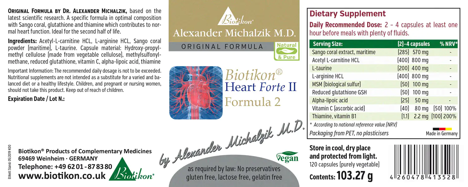 Biotikon Heart Forte II – 120 Capsules Biotikon Heart Forte II, 120 capsules, plant-based capsules, clear packaging, white background.