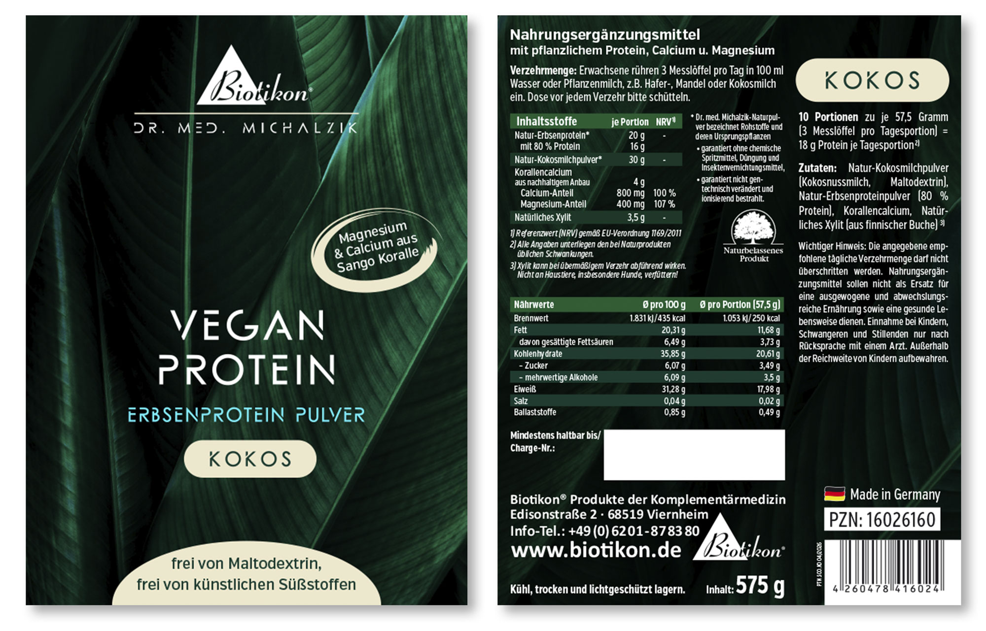 Plant protein powder in neutral packaging, 575 g, with coconut flavor, featured in a light design.