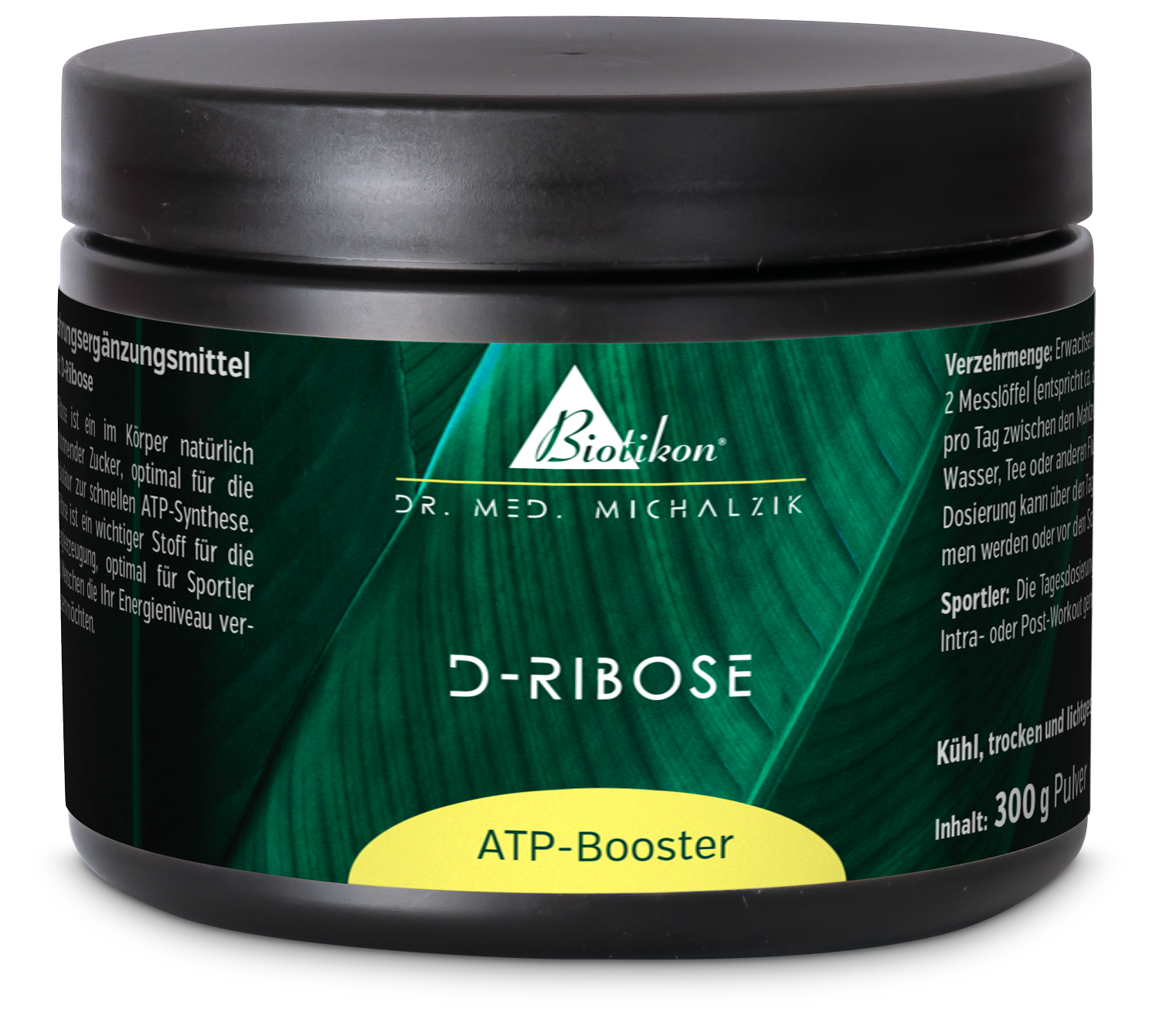 D-Ribose ATP Booster – 300 g Powder Black container with green label, 300 g D-Ribose powder, sports supplement, front view.