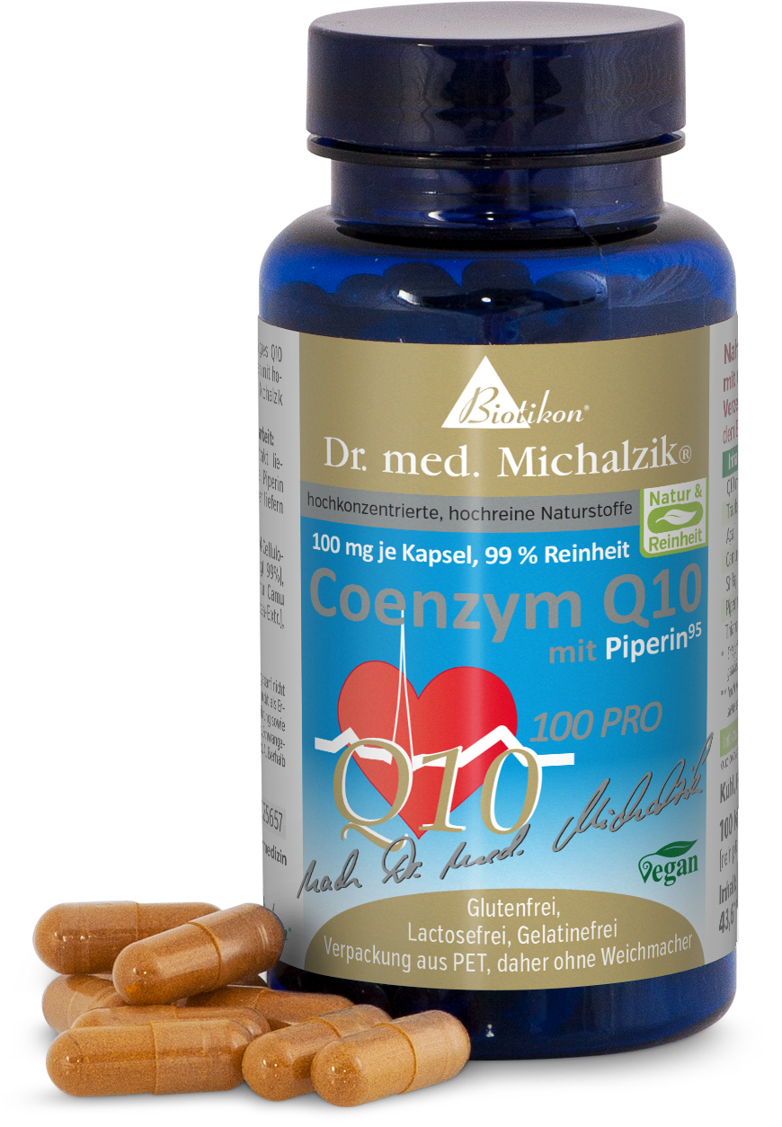 Coenzyme Q10 100 mg – Vegetarian Capsules Bottle with Coenzyme Q10 capsules, 100 mg, blue packaging, seven capsules in front, vegan.