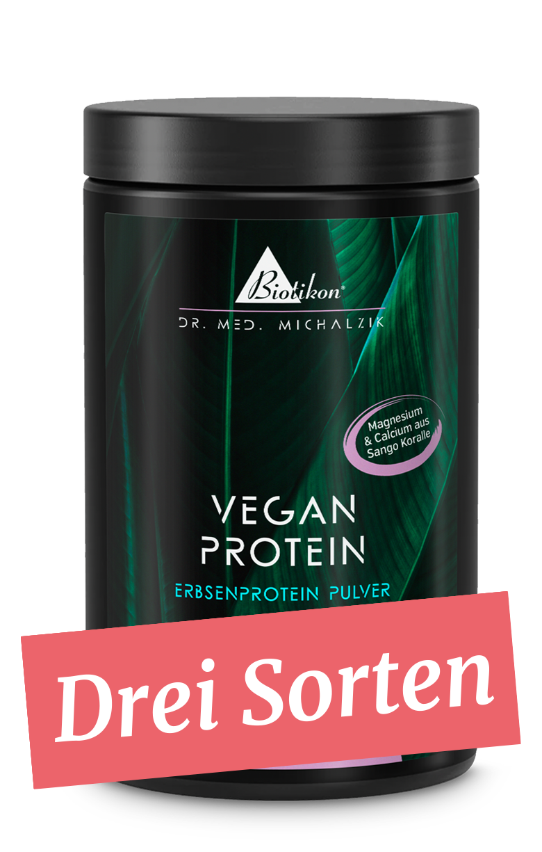 White container with purple design, protein powder, 500 g, three different flavors.
