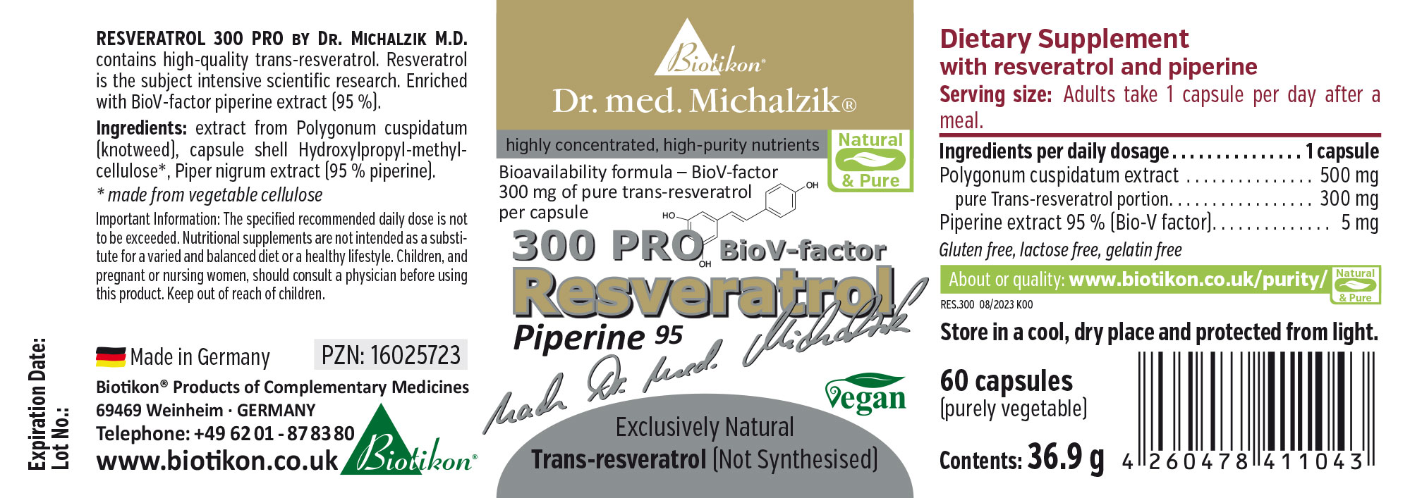 Resveratrol 300 mg – Capsules Dietary supplement with Resveratrol and Piperine, 60 vegan capsules, clear packaging, grey and green colors.