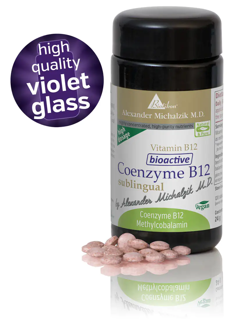 Coenzyme B12 – 120 Tablets Vegan Coenzyme B12 in high dosage, sublingual tablets in a premium purple glass container, featuring pink tablets.