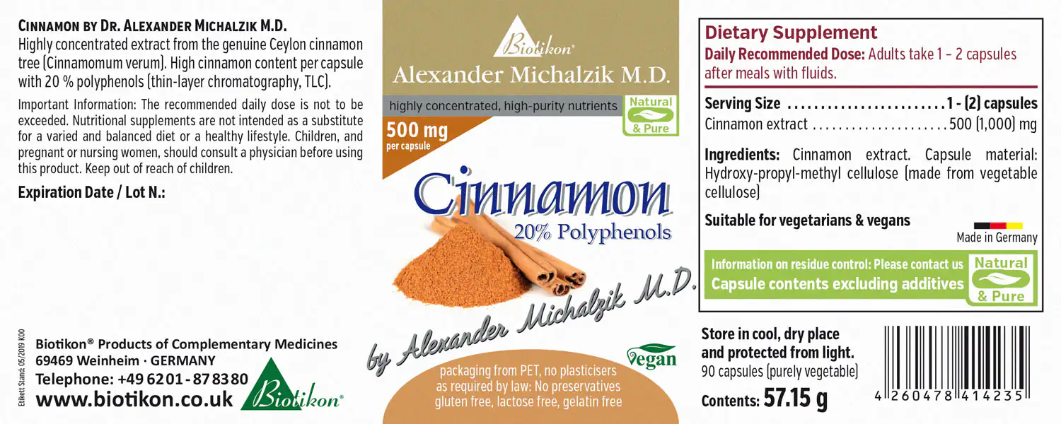 Cinnamon 500 mg – Capsules Cinnamon capsules with 500 mg Ceylon cinnamon extract, 90 count, made from plant materials, vegan, brown packaging.