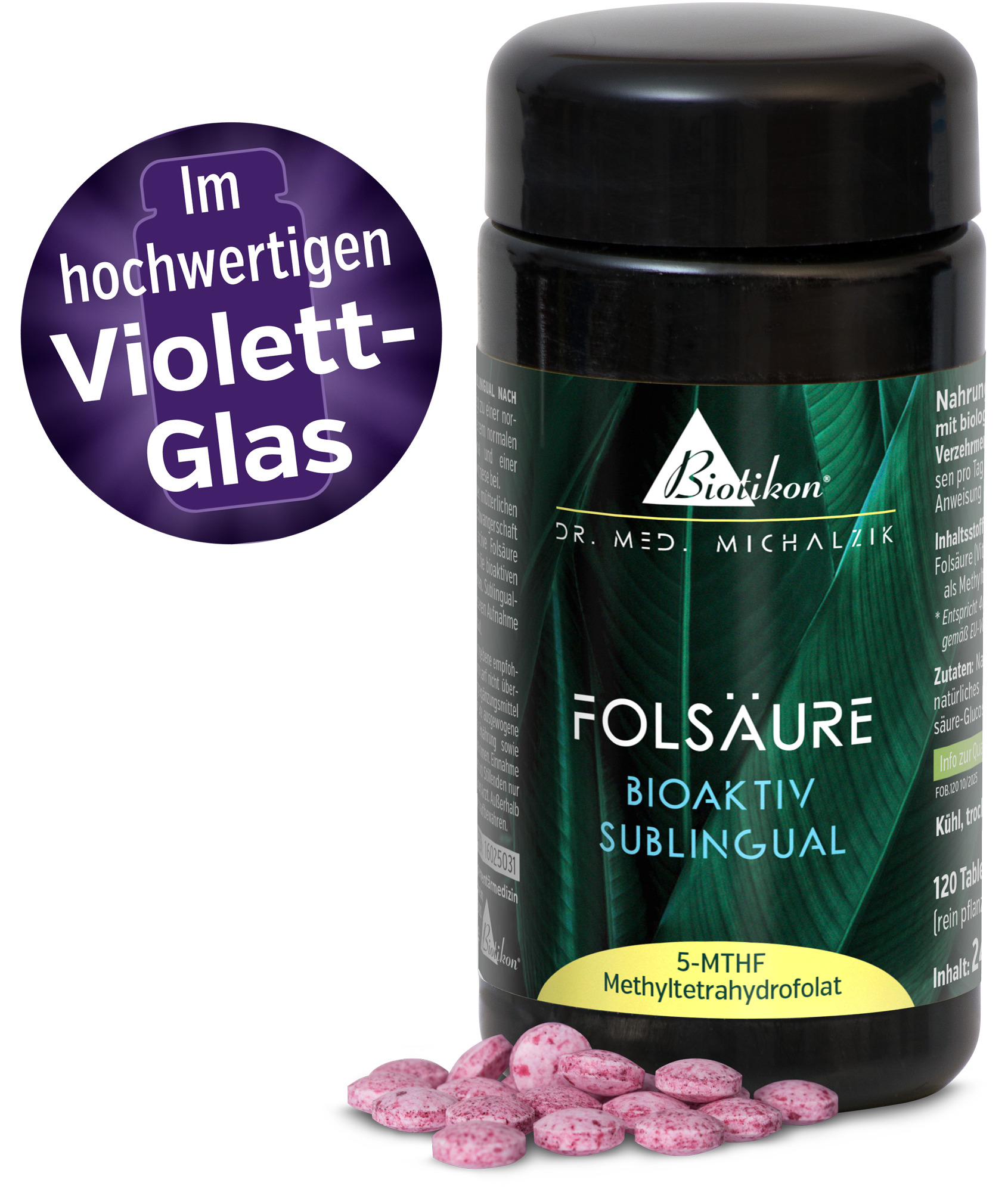 Folic Acid Bioactive Sublingual_jar in high-quality violet glass Folic Acid Bioactive Sublingual_jar in high-quality violet glass