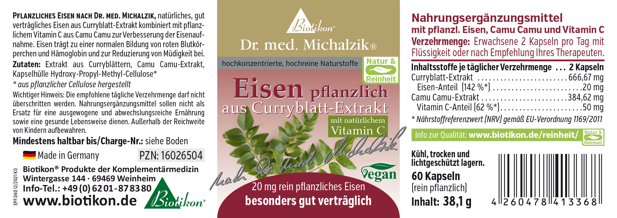 Plant-Based Iron 20 mg - Capsules 60 capsules with plant-based iron from curry leaf extracts and vitamin C, clearly displayed on the packaging.