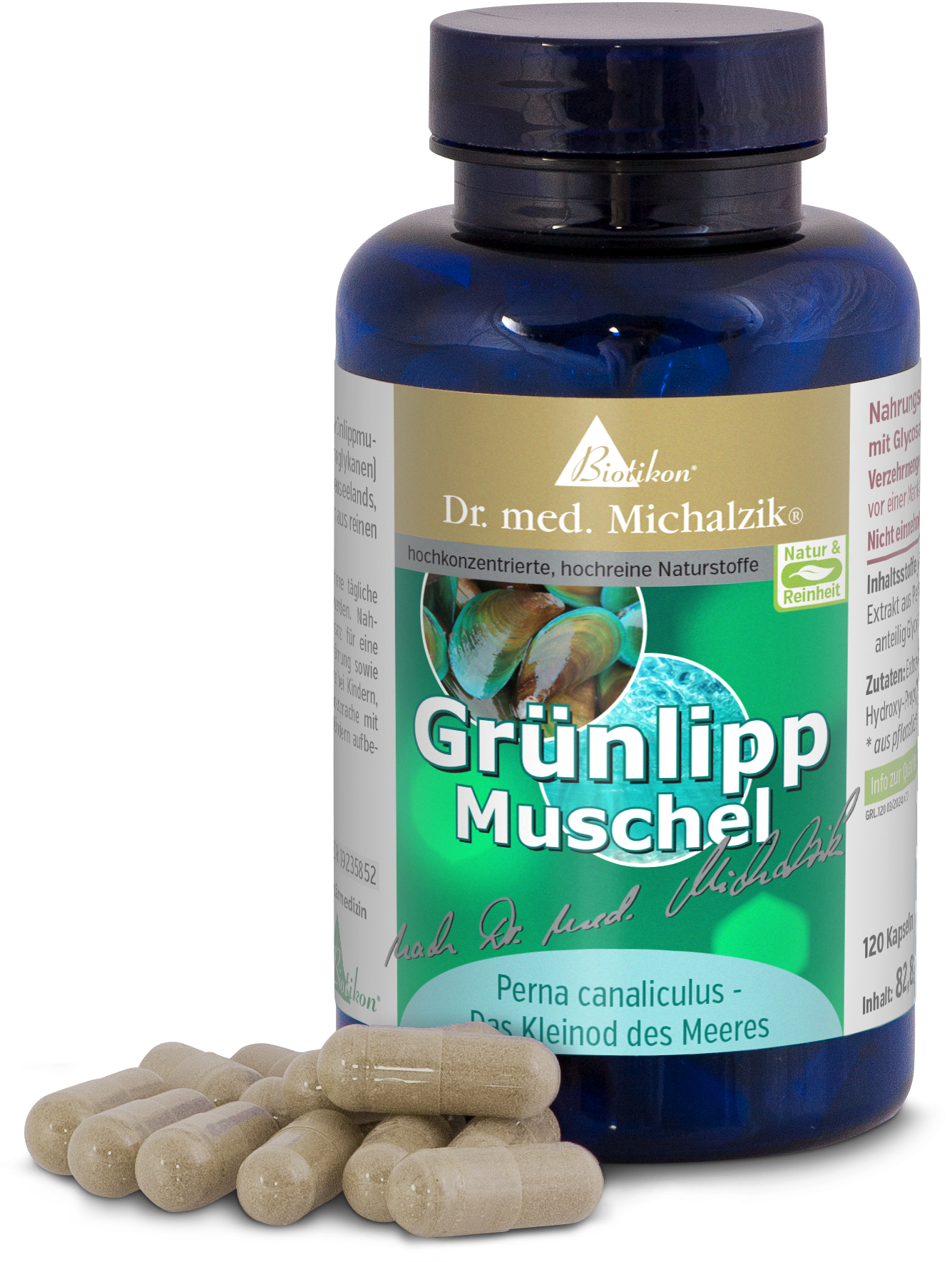 Green-Lipped Mussel 120 Capsules Bottle of 120 green-lipped mussel capsules, brown capsules, side view.