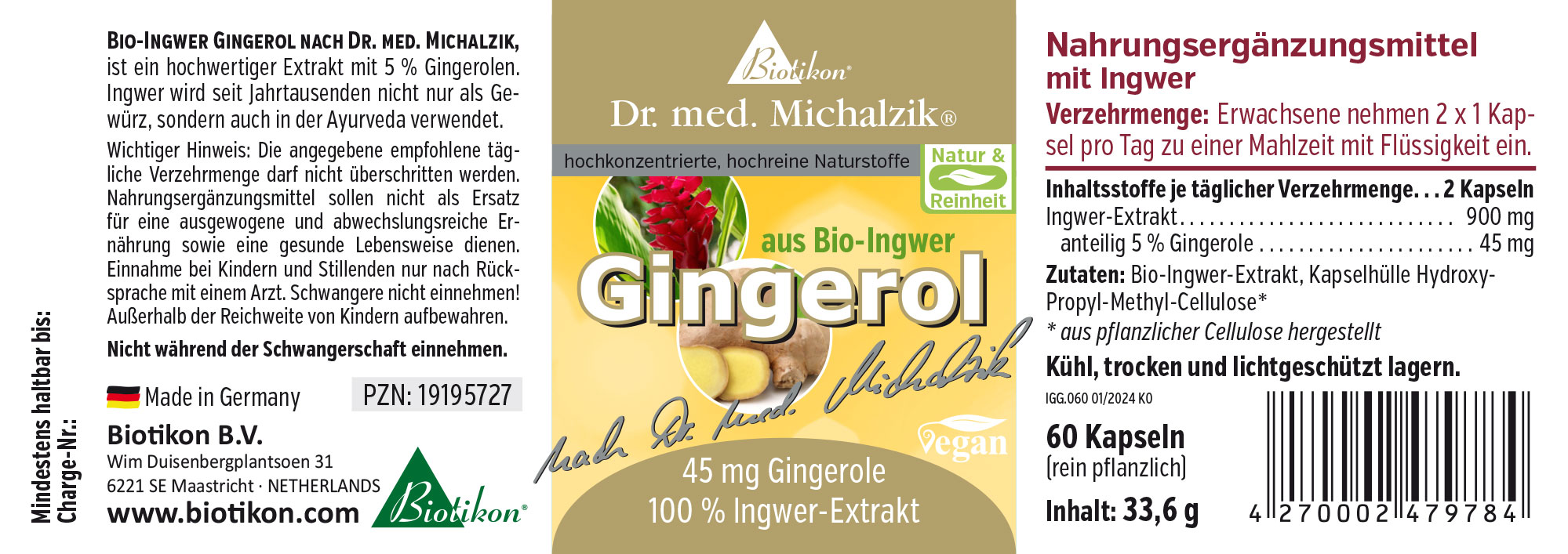 Organic Gingerol 900 mg – Capsules 60 capsules with 900 mg ginger extract and 45 mg gingerols, yellow packaging, front view.