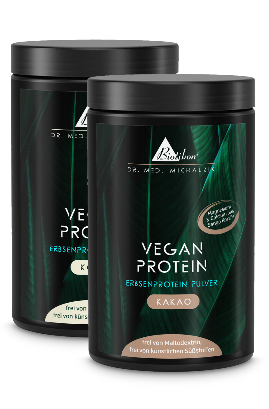 Two white containers of plant protein powder, one cocoa flavored and the other unflavored, each 500 g.