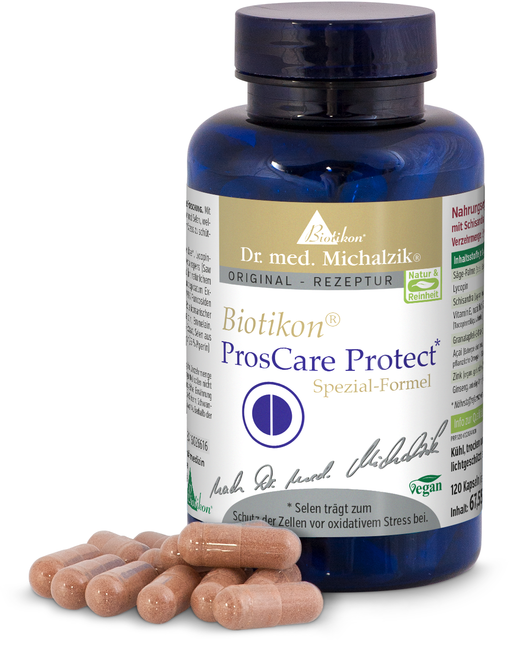 Selenium 120 Capsules – Biotikon ProsCare Protect Blue bottle containing 120 capsules, capsules in light beige on white background.