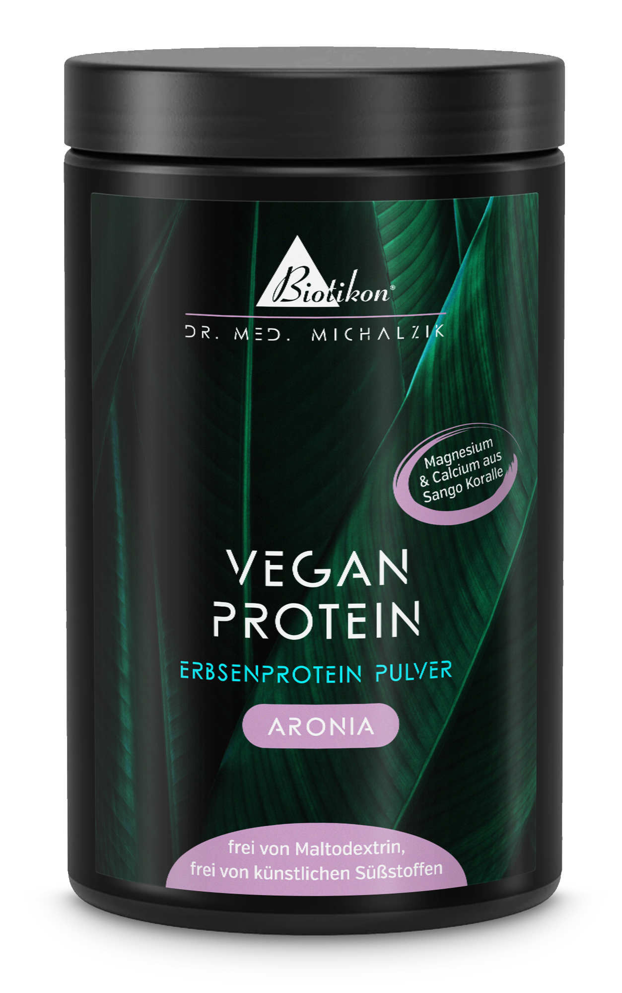 White container with purple accent, Aronia plant protein powder, 500 g, side view.