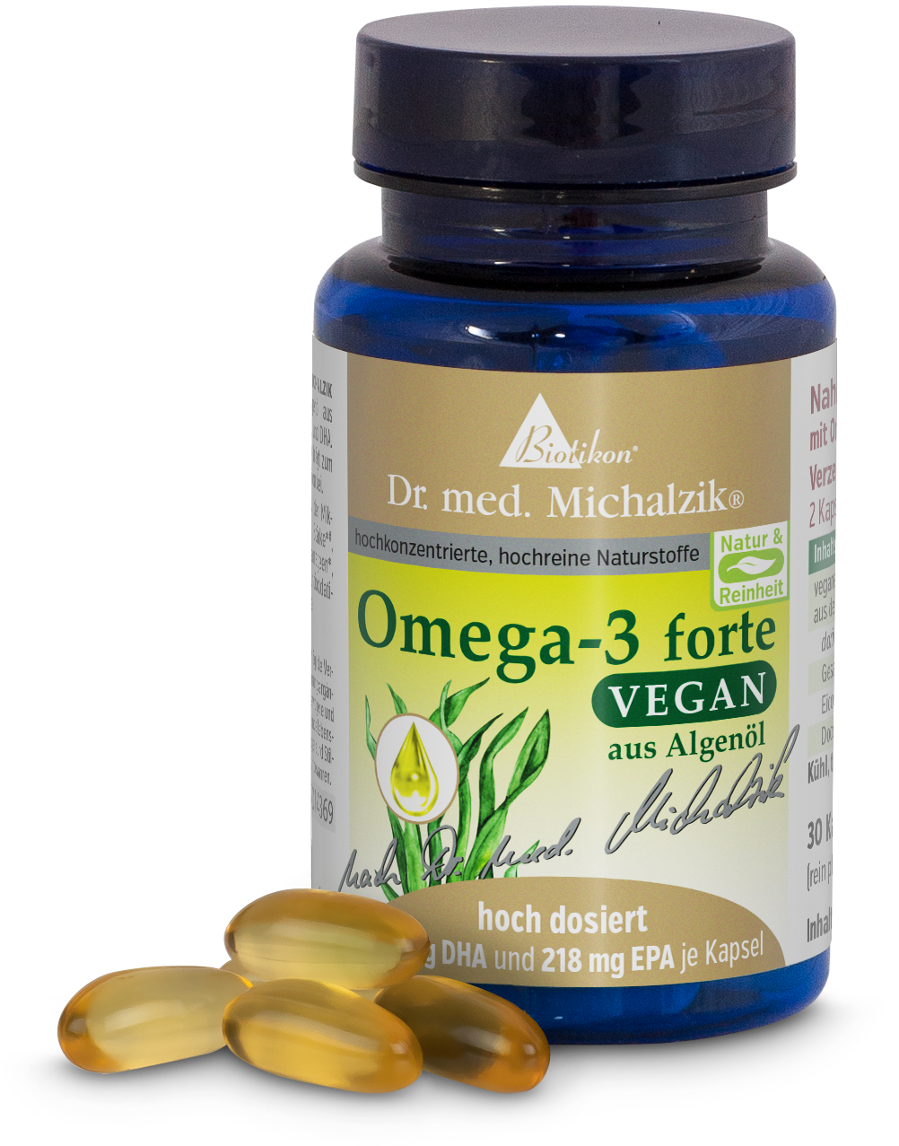 Black capsule bottle containing 30 vegan Omega-3 capsules made from algae oil, designed in vibrant quality.