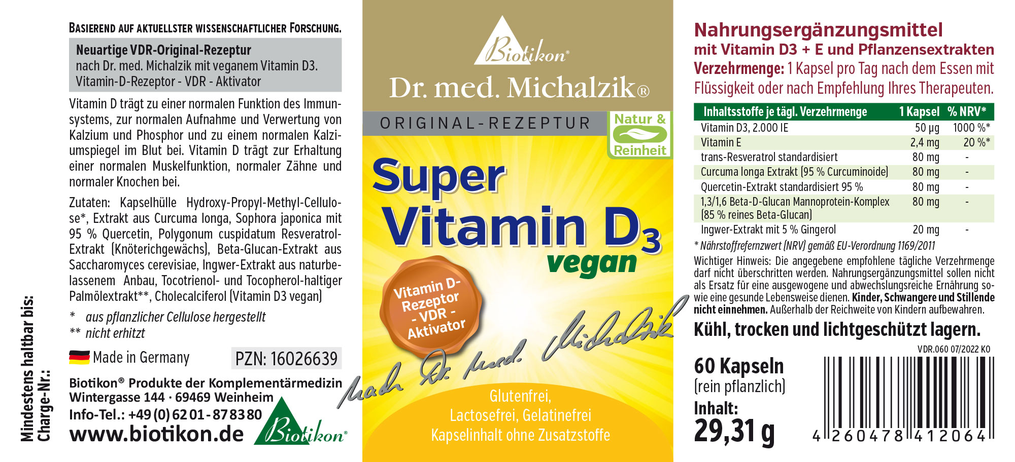 Vitamin D3 2000 IU – Capsules Vegan dietary supplement capsules with Vitamin D3, 60 capsules in packaging, yellowish. Follow storage requirements.