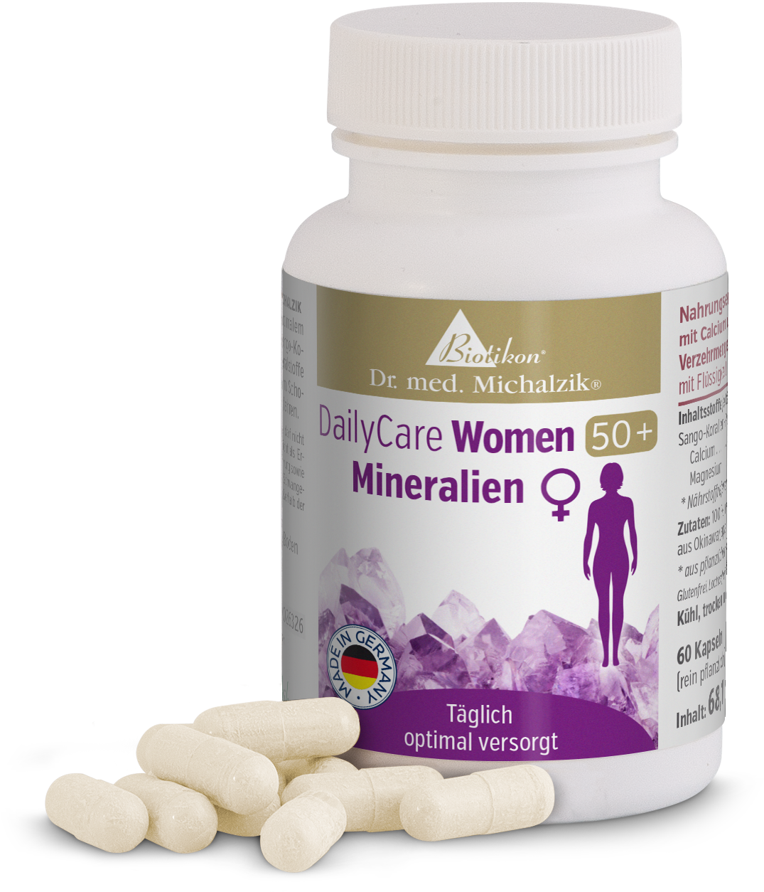 Minerals 60 Capsules – DailyCare Women 50+ Bottle with 60 white capsules, DailyCare Women 50+, minerals, from various angles.