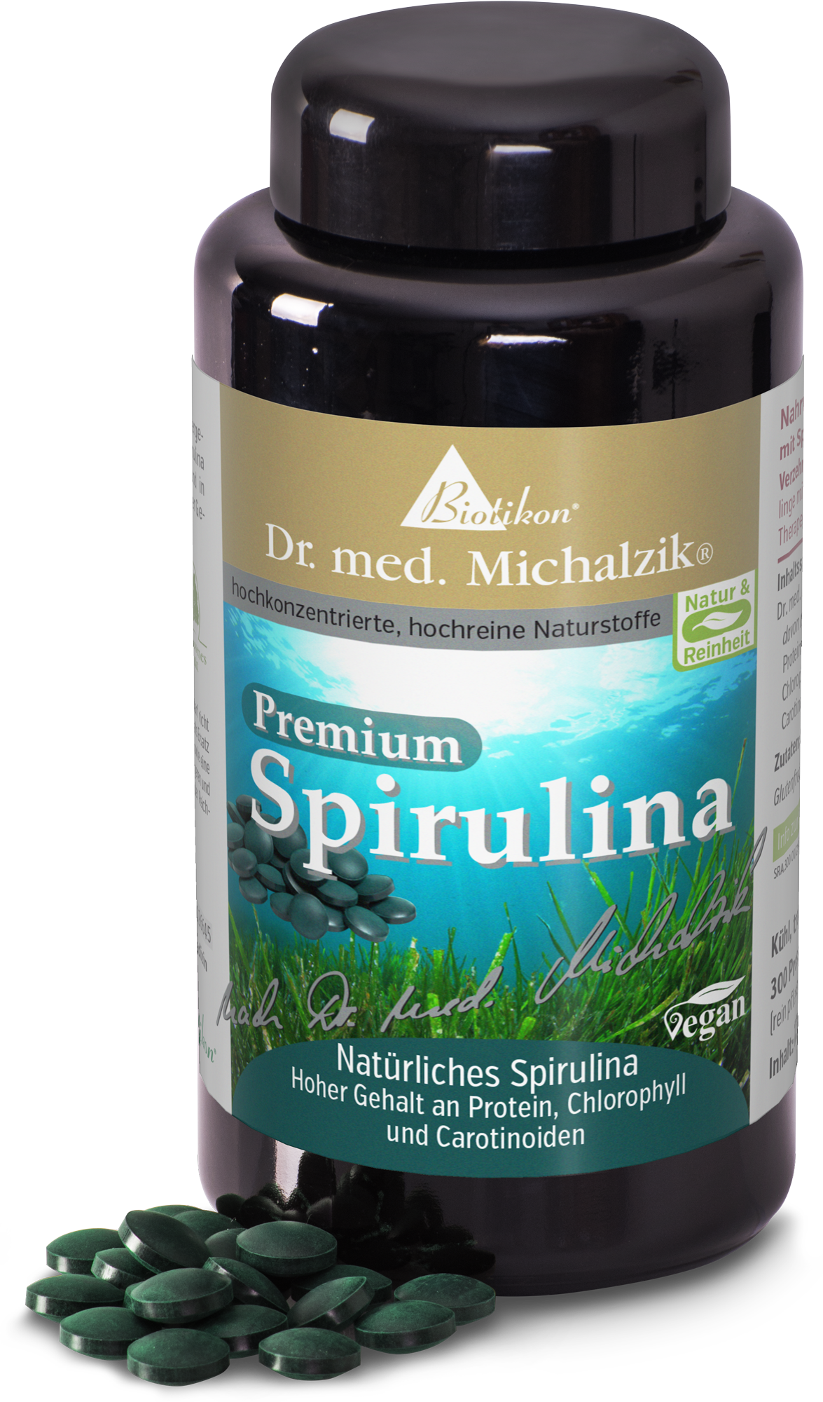 Spirulina 300 Tablets – Premium Supplement Premium Spirulina in a black container, 300 green tablets visible, vegan formula.