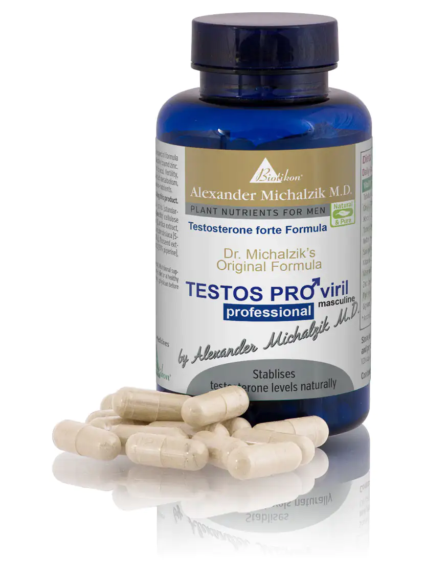 Testosterone Forte 60 Capsules Blue bottle containing 60 capsules, beige capsules displayed, front view