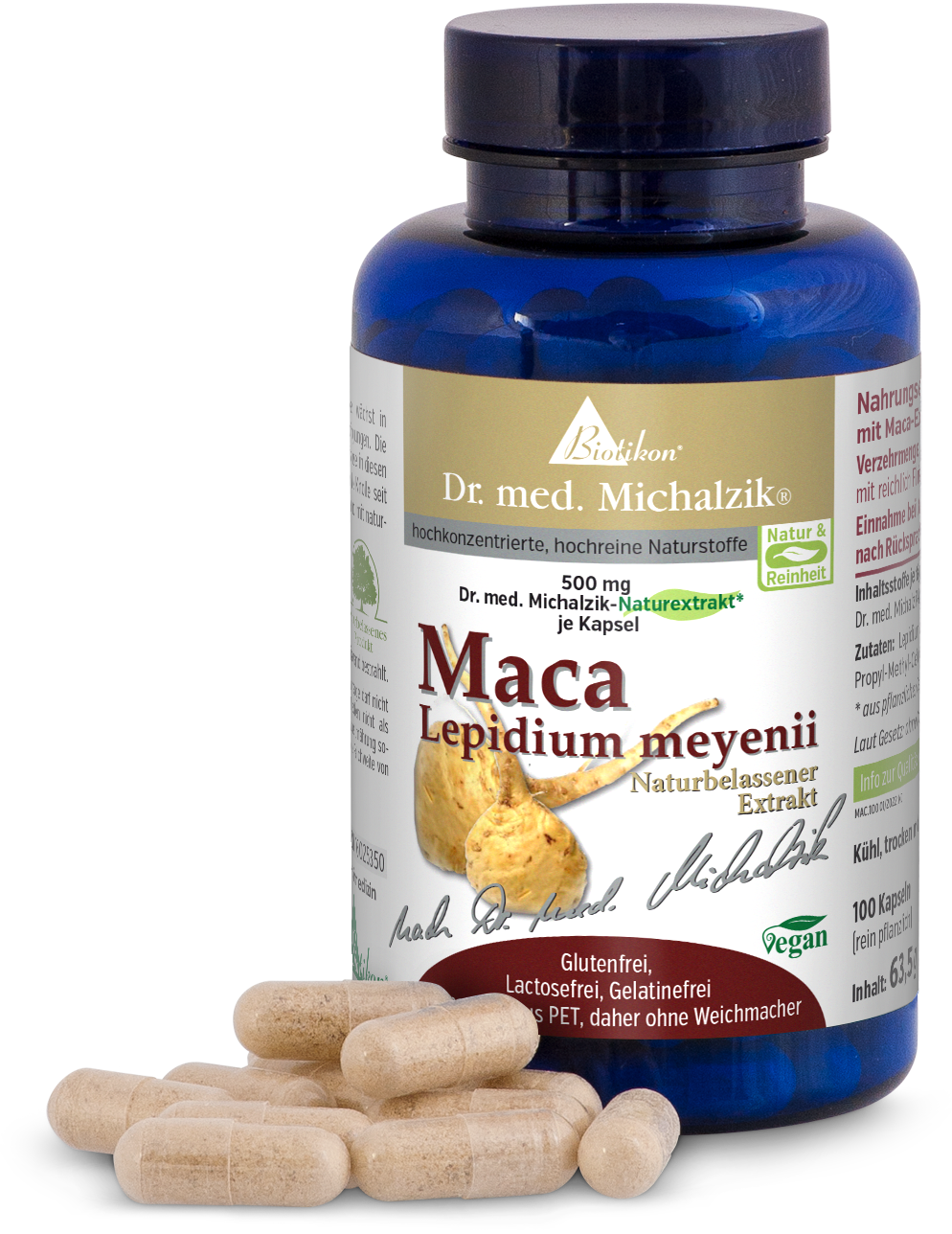 Maca Lepidium meyenii – 500 mg Capsules Blue bottle with 100 transparent capsules of 500 mg Maca extract on a white background.