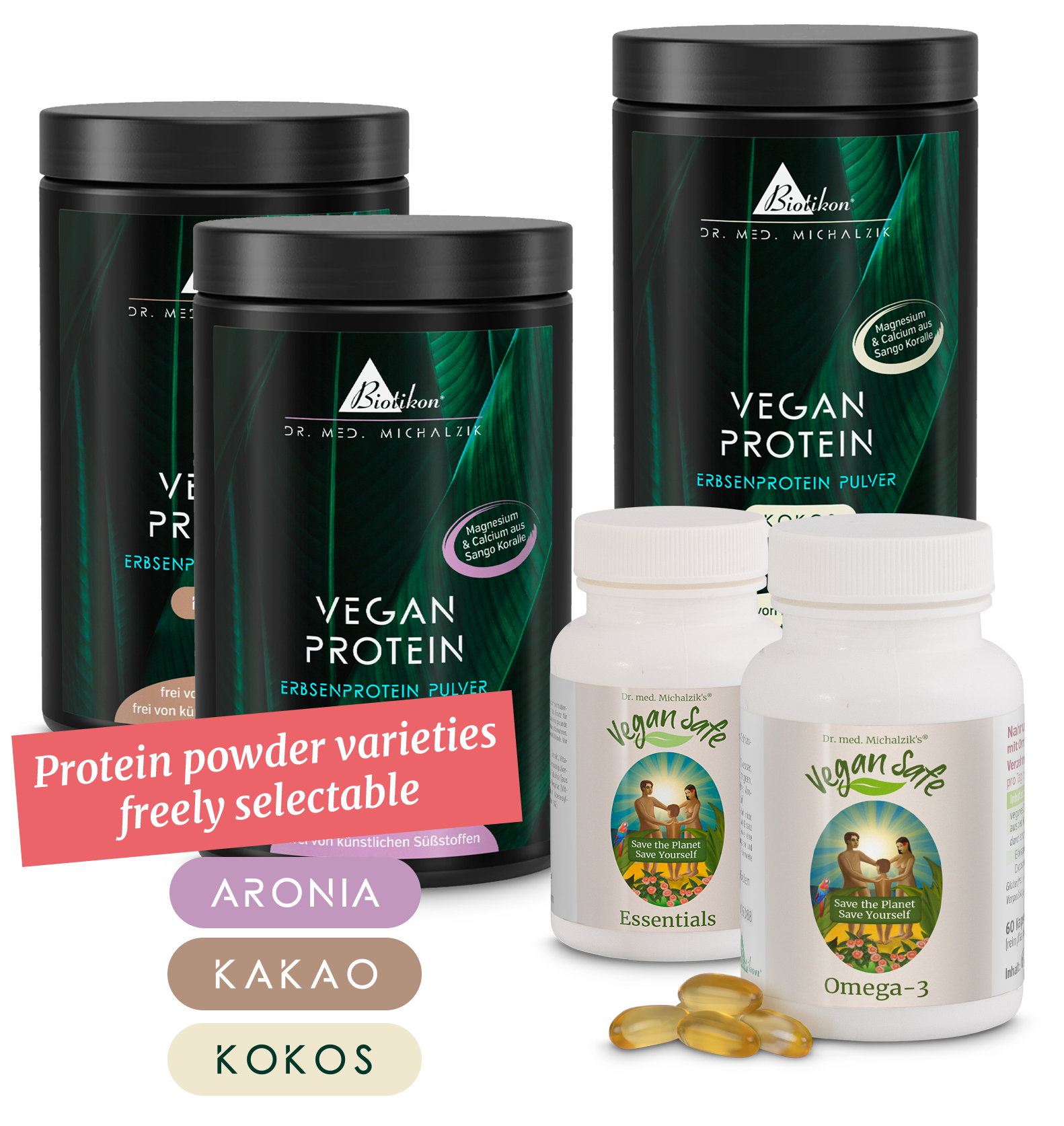 Three containers of plant protein powder and two bottles of Omega-3 and Essentials, various colors and labels.
