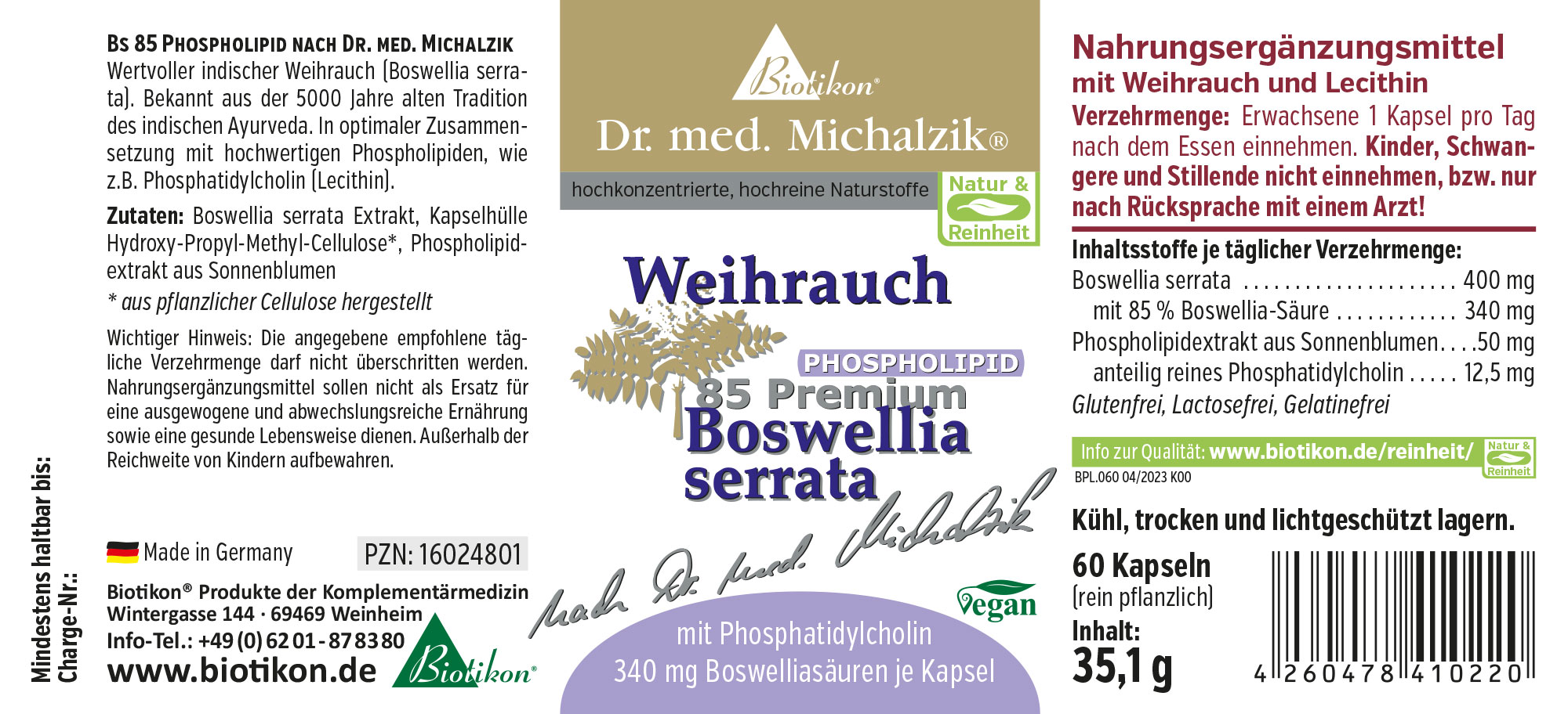 Boswellia Serrata Supplement BS85, 60 Capsules Dietary supplement featuring Boswellia serrata, 60 capsules in white and purple packaging, front view displayed.