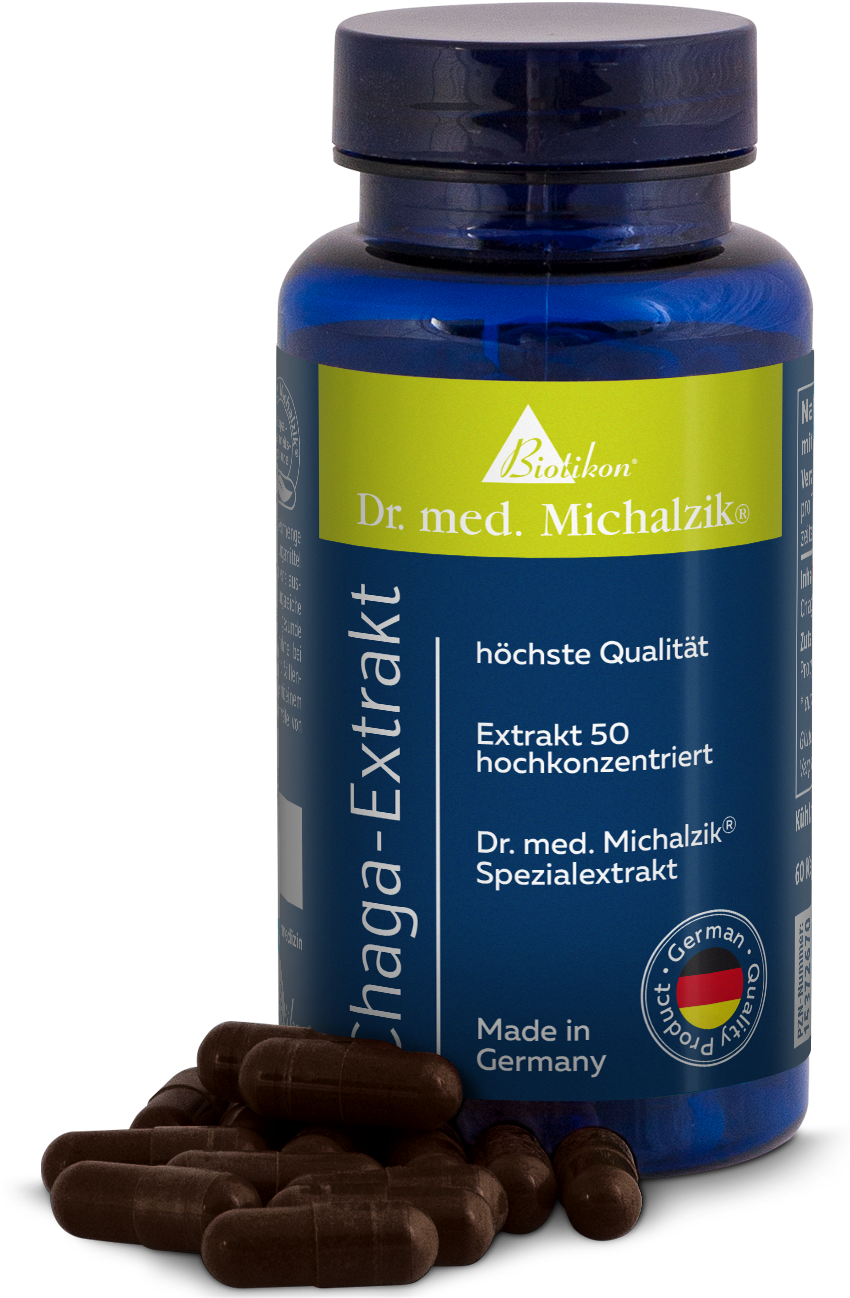 Chaga Extract 60 Capsules - Highly Concentrated Chaga extract in a blue bottle with 60 capsules, brown capsules are placed beside.