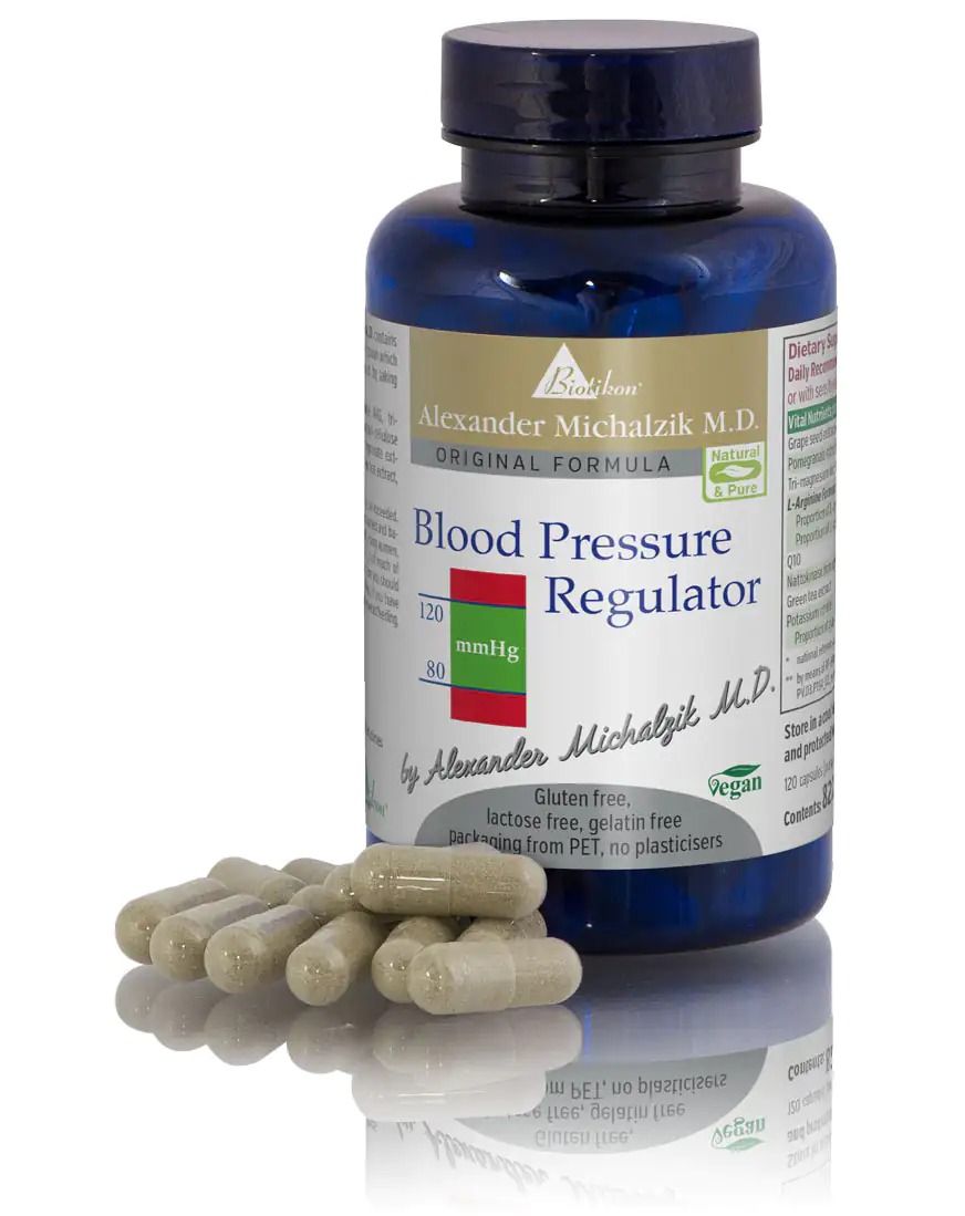 Blood Pressure Regulator – 120 Capsules Blood pressure regulator in a blue bottle, 120 vegan capsules, transparent.