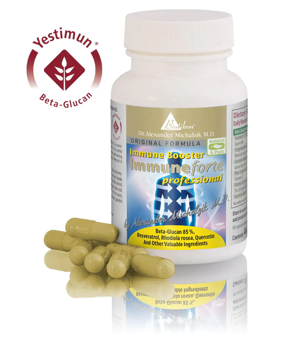 Beta-Glucan 85% - Capsules Capsules in a clear bottle, yellowish, with label about immune support, showing some capsules in the foreground.
