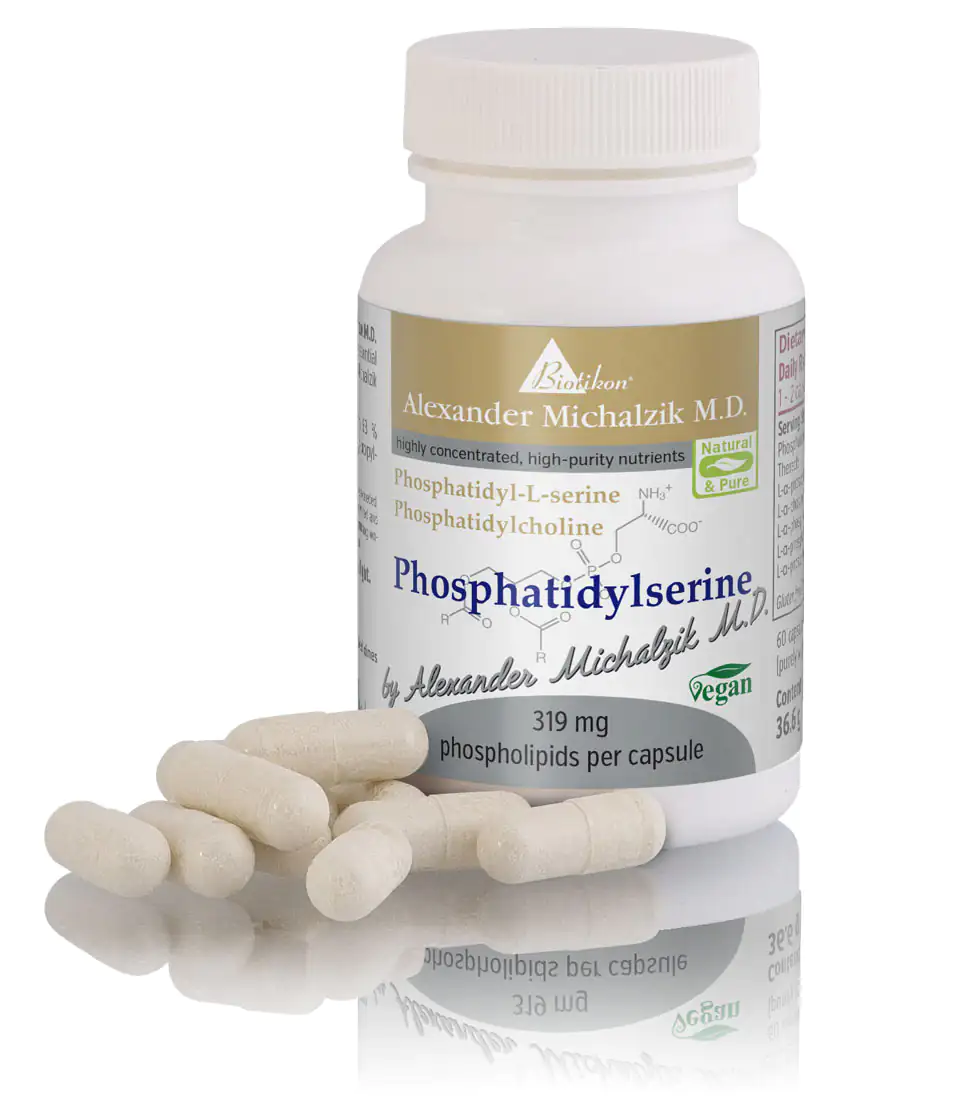 Phosphatidylserine 319 mg – Capsules White capsule container with Phosphatidylserine, 319 mg per capsule, surrounded by capsules.