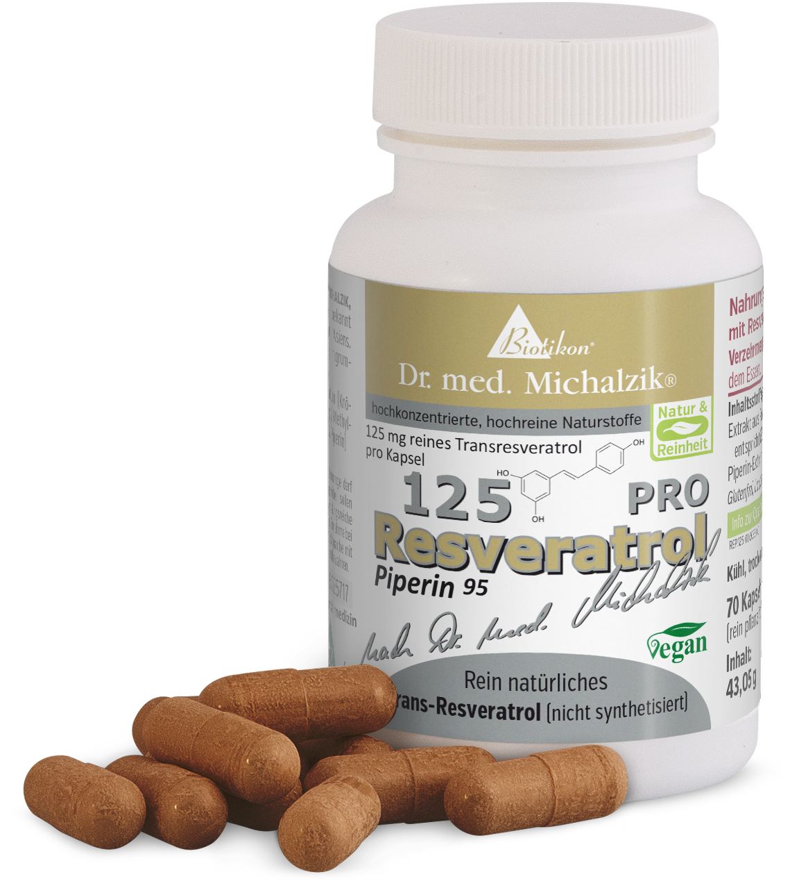 Resveratrol 125 mg - Capsules Bottle with 70 capsules, 125 mg pure trans-resveratrol, brown vegan capsules.