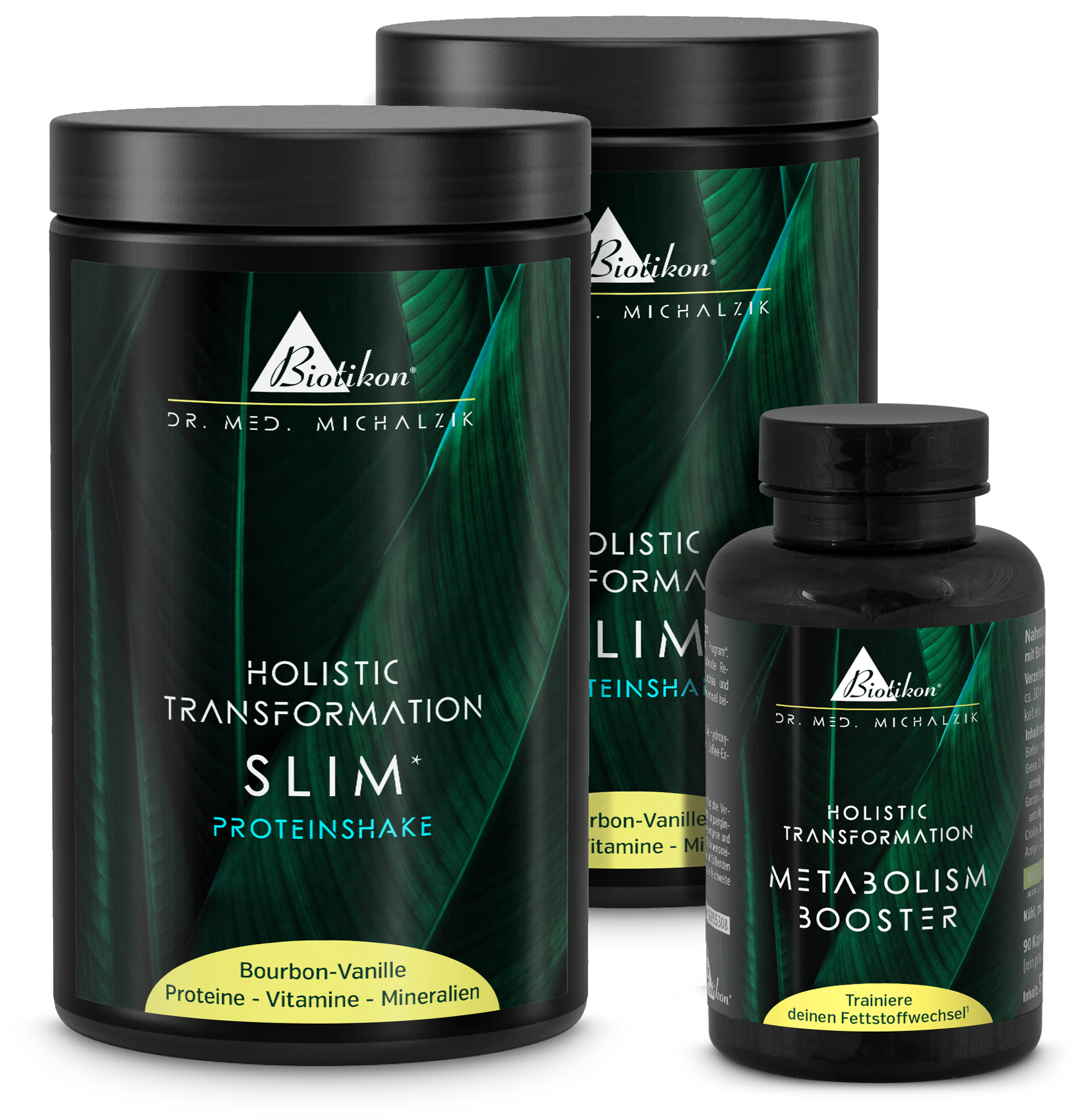 Holistic Transformation Slim Shake in black container, 600 g, Bourbon Vanilla flavor, with Metabolism Booster capsules.