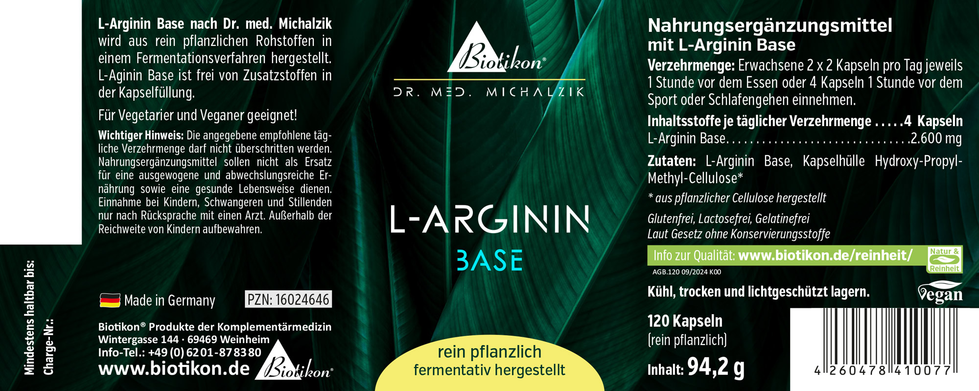 L-Arginine Base 120 Capsules L-Arginine dietary supplement in capsules, 120 count, green packaging, front view.