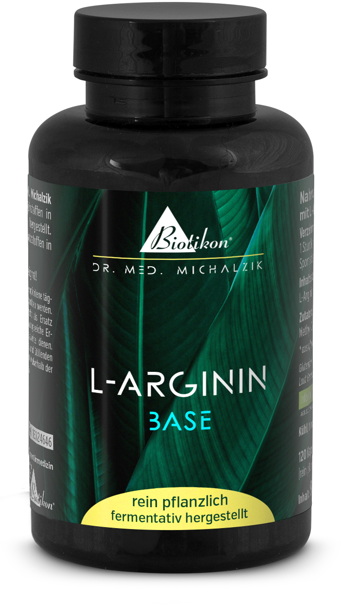 L-Arginine 120 Capsules - Plant-Based Fermented Black bottle with 120 L-Arginine capsules, plant-based, fermented, front view.
