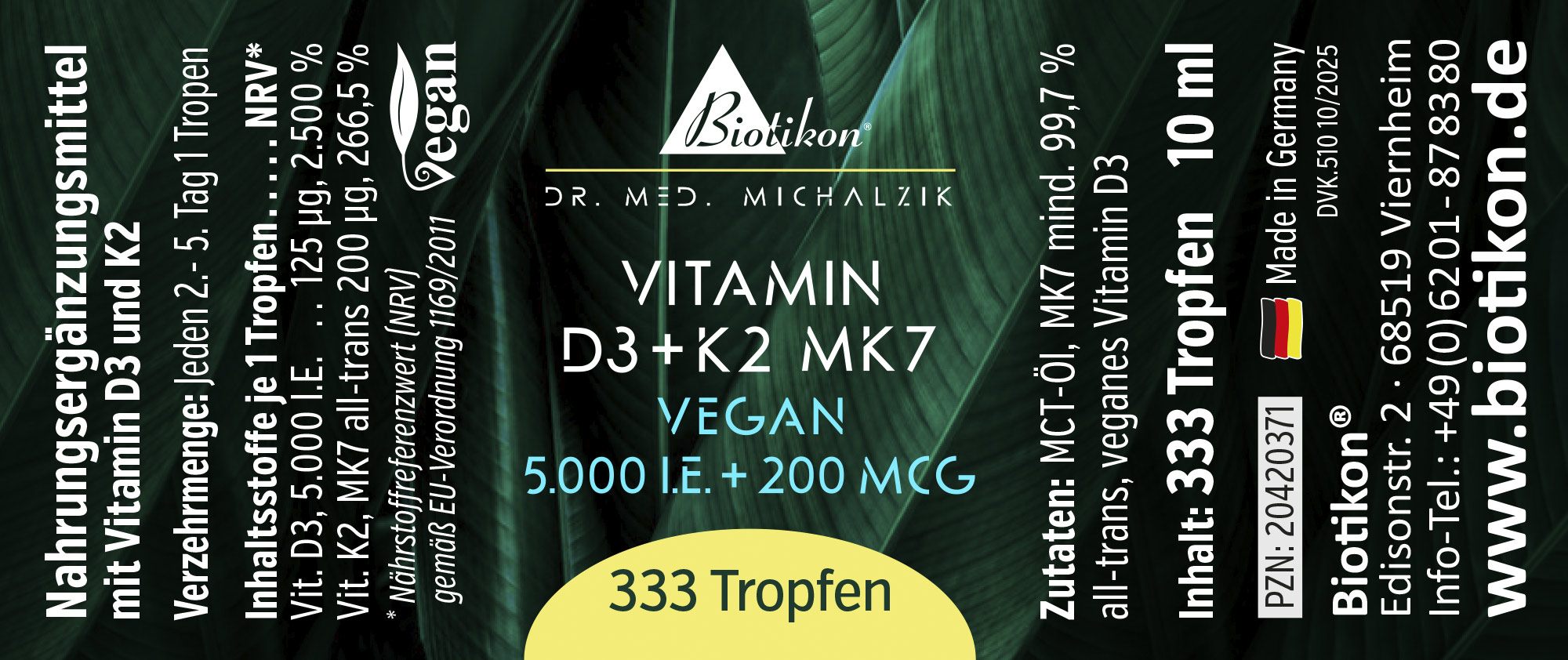 Bottle containing 333 drops of Vitamin D3 and K2 MK7, 10 ml, green packaging, vegan.