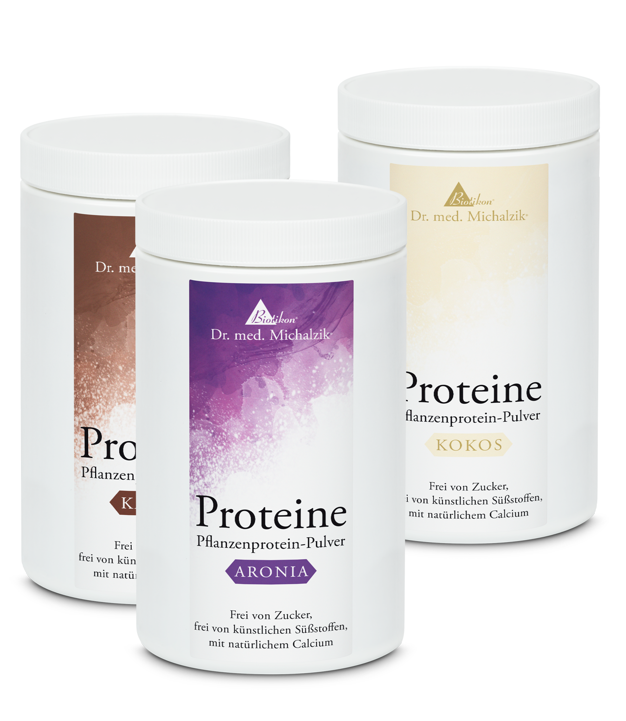 Plant Protein Powder – Aronia, Cocoa, Coconut Three cans of plant-based protein powders in different flavors: Aronia, Cocoa, and Coconut.