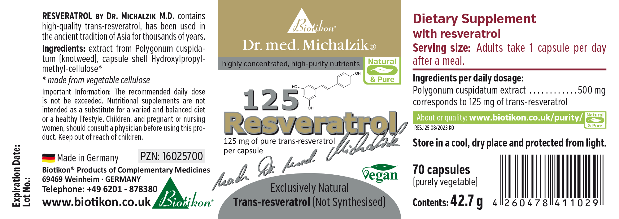 Resveratrol 125 mg – Capsules Vegan capsules with 125 mg trans-resveratrol, 70 count, green packaging, product view.
