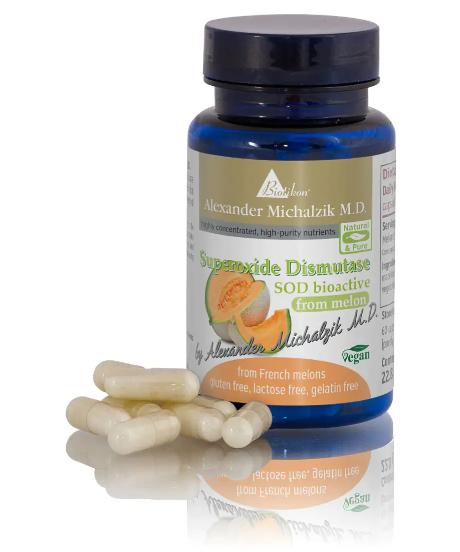 Superoxide Dismutase 60 Capsules – Vegan Bottle with superoxide dismutase capsules, 60 count, blue, featuring a melon design
