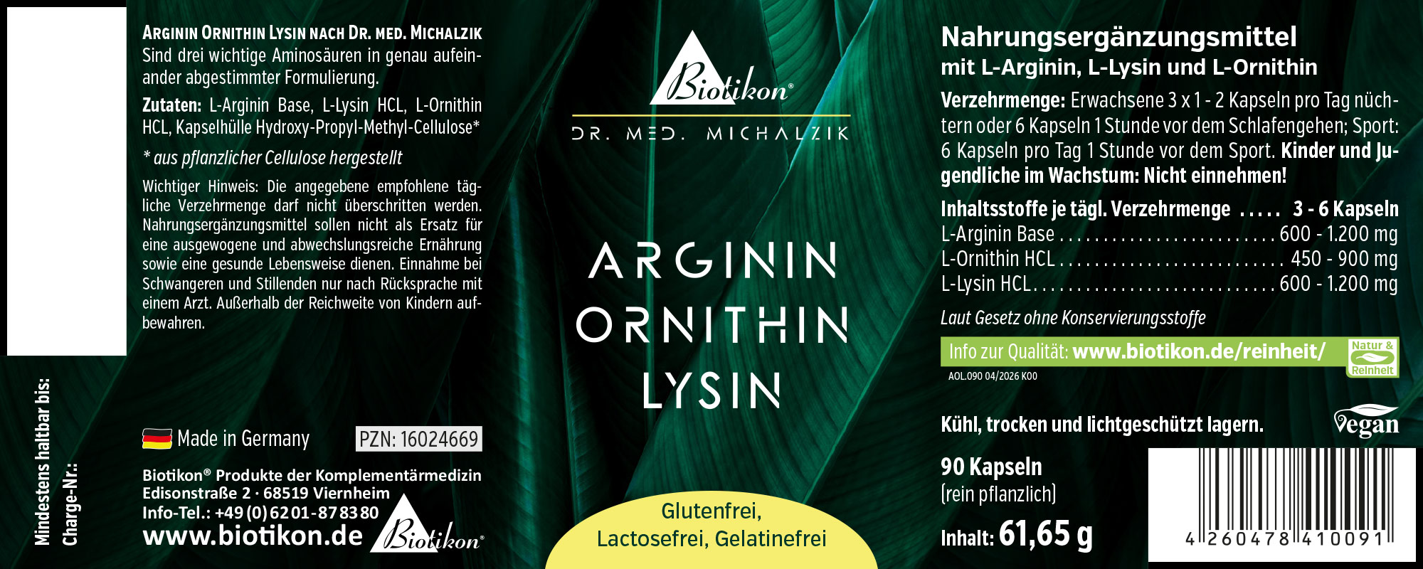 Packaging of Arginine Ornithine Lysine, 90 capsules, plant-based, vegan, in bright colors featuring chemical structure.