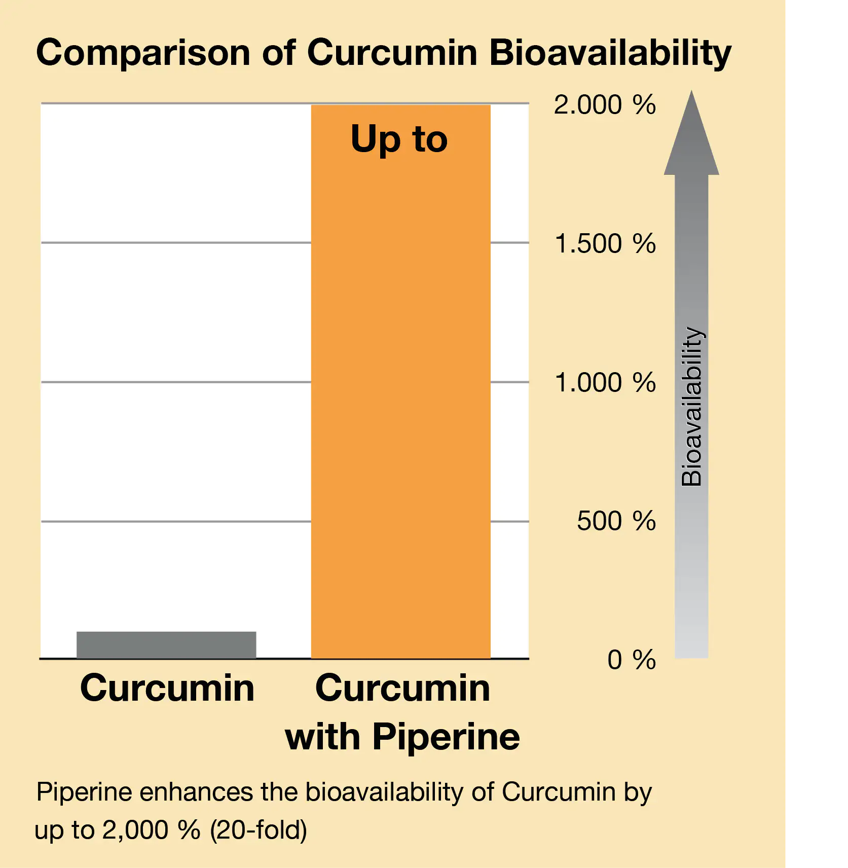 Curcumin with Piperine – Bioavailability Comparison Bar chart illustrating the bioavailability of Curcumin and Curcumin with Piperine, up to 2000%.