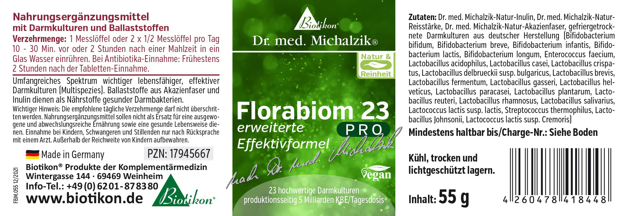 Florabion 23 PRO - 55 g Powder Dietary supplement in green packaging design, 55 g, powder to be taken with water, made in Germany.